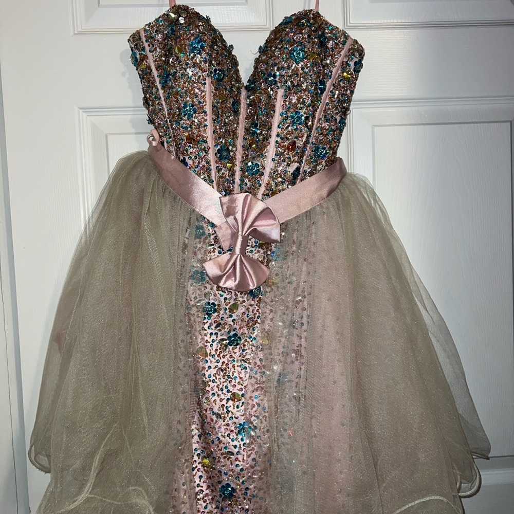Terani Couture Spaghetti Strap Sequin Prom Dress with Pink Bow - Picture 8 of 8
